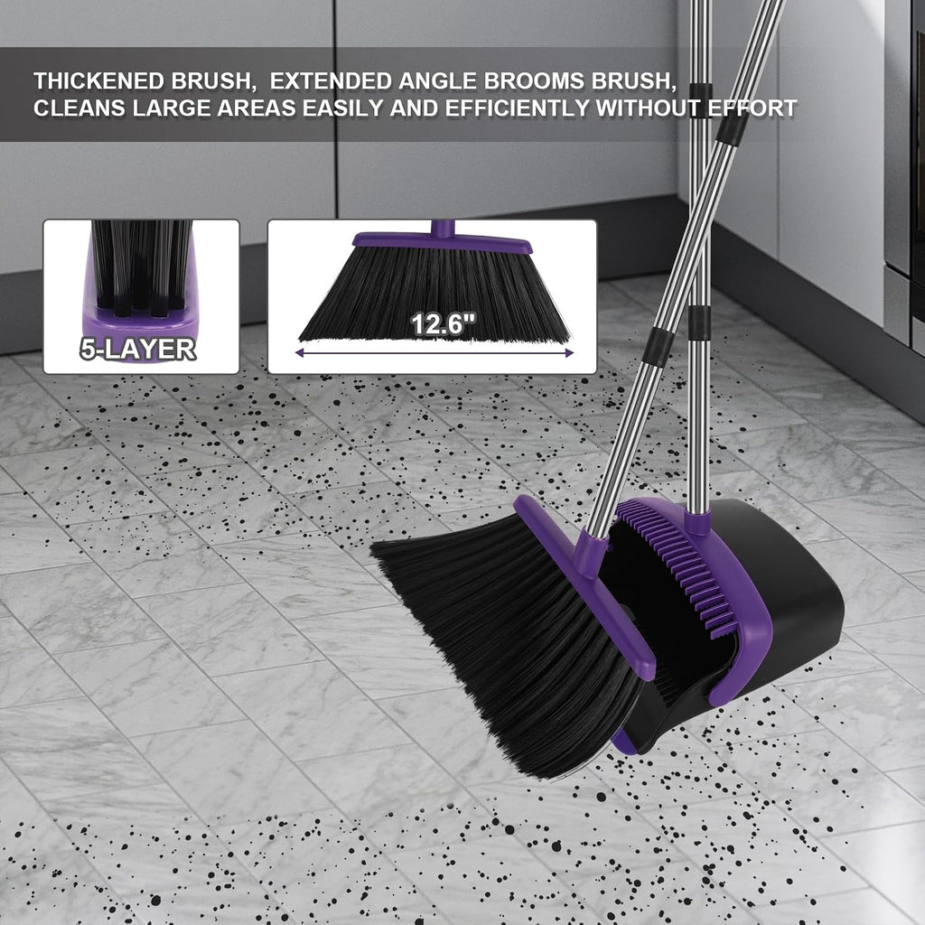 Purple Broom and Dustpan Combo Set, 55" Long Handle Broom