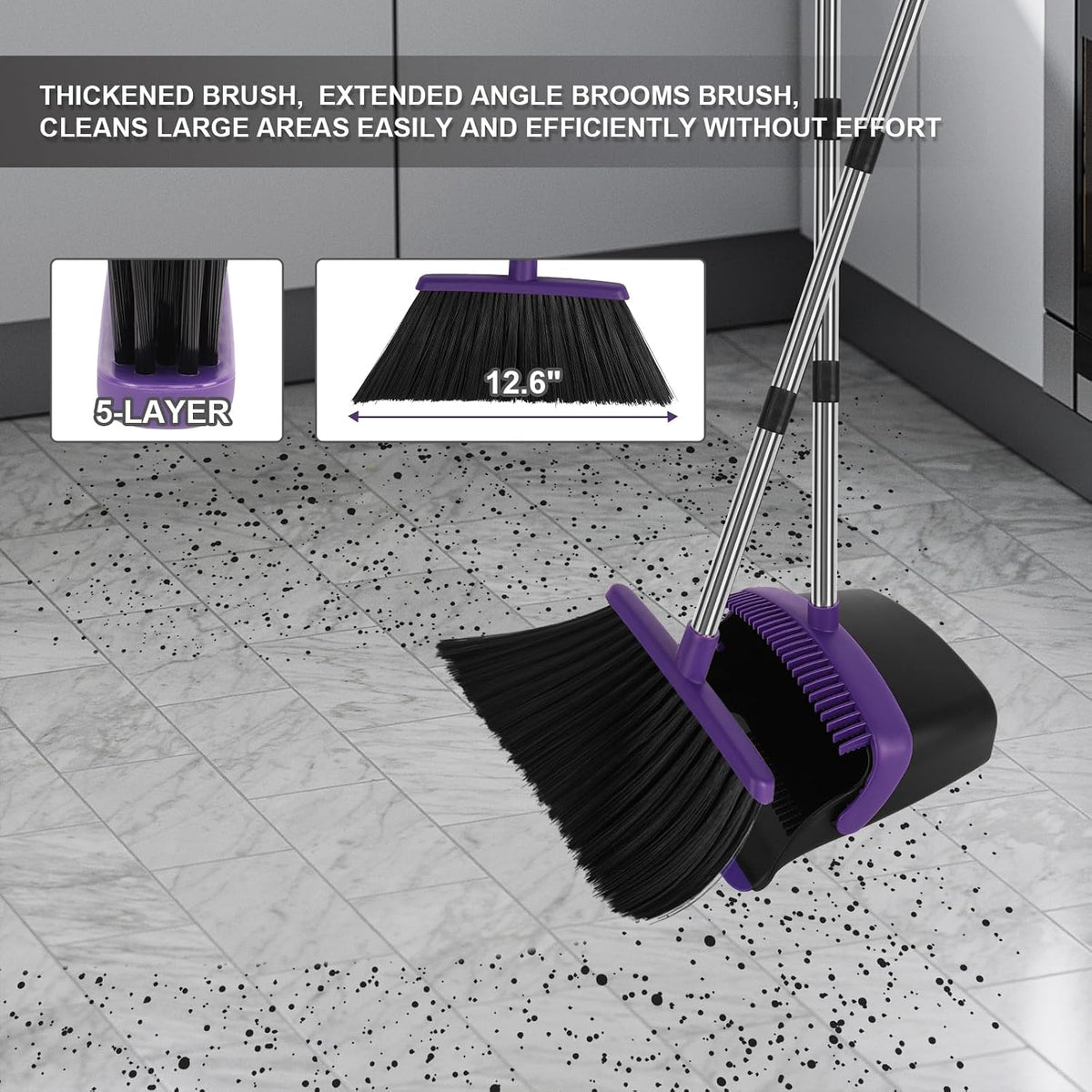 Purple Broom and Dustpan Combo Set, 55" Long Handle Broom