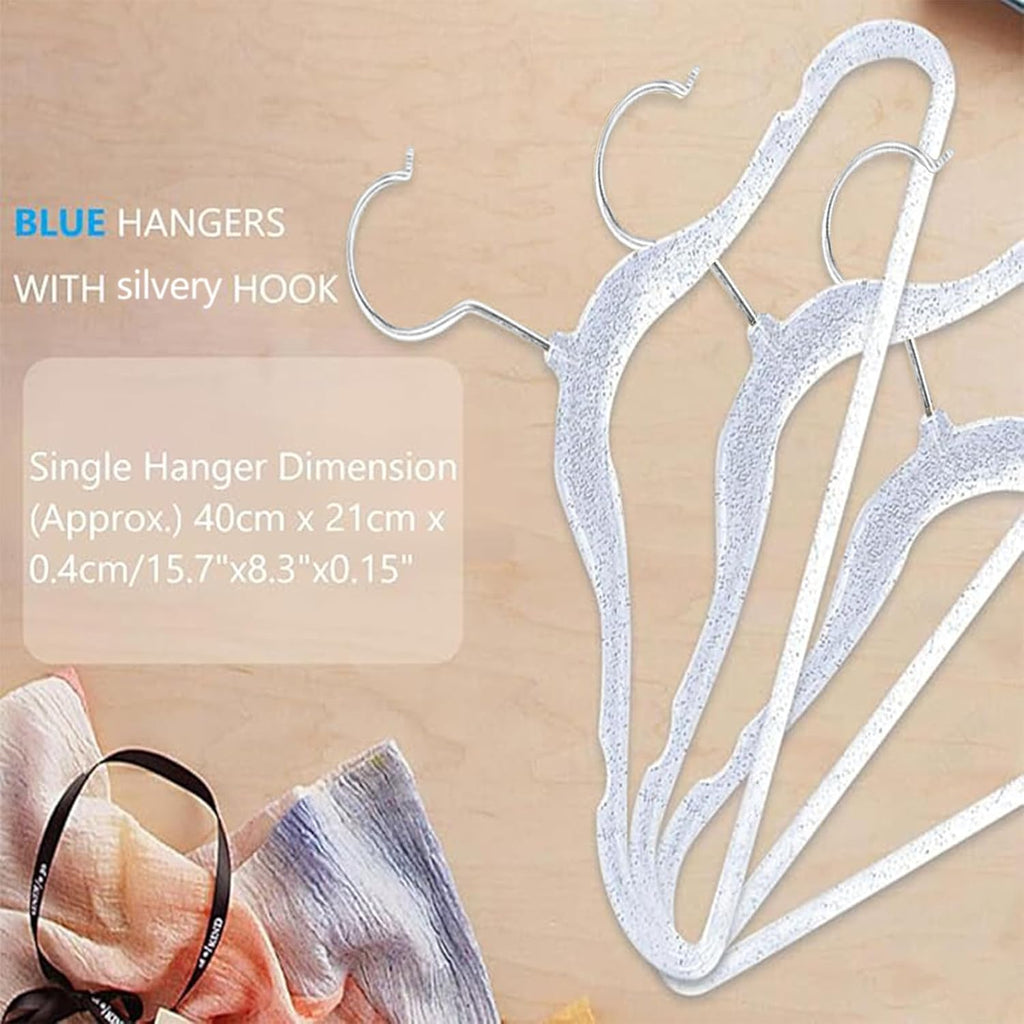 Blue Clothes Hangers 16", 20 Pack Plastic Clear Coat Hanger for Adult Closet, Durable Bling Ganchos de Ropa with Swivel Hook, Notched Shoulders & Ultra-Thin Space Saving Laundry Hanger for Dress Suits