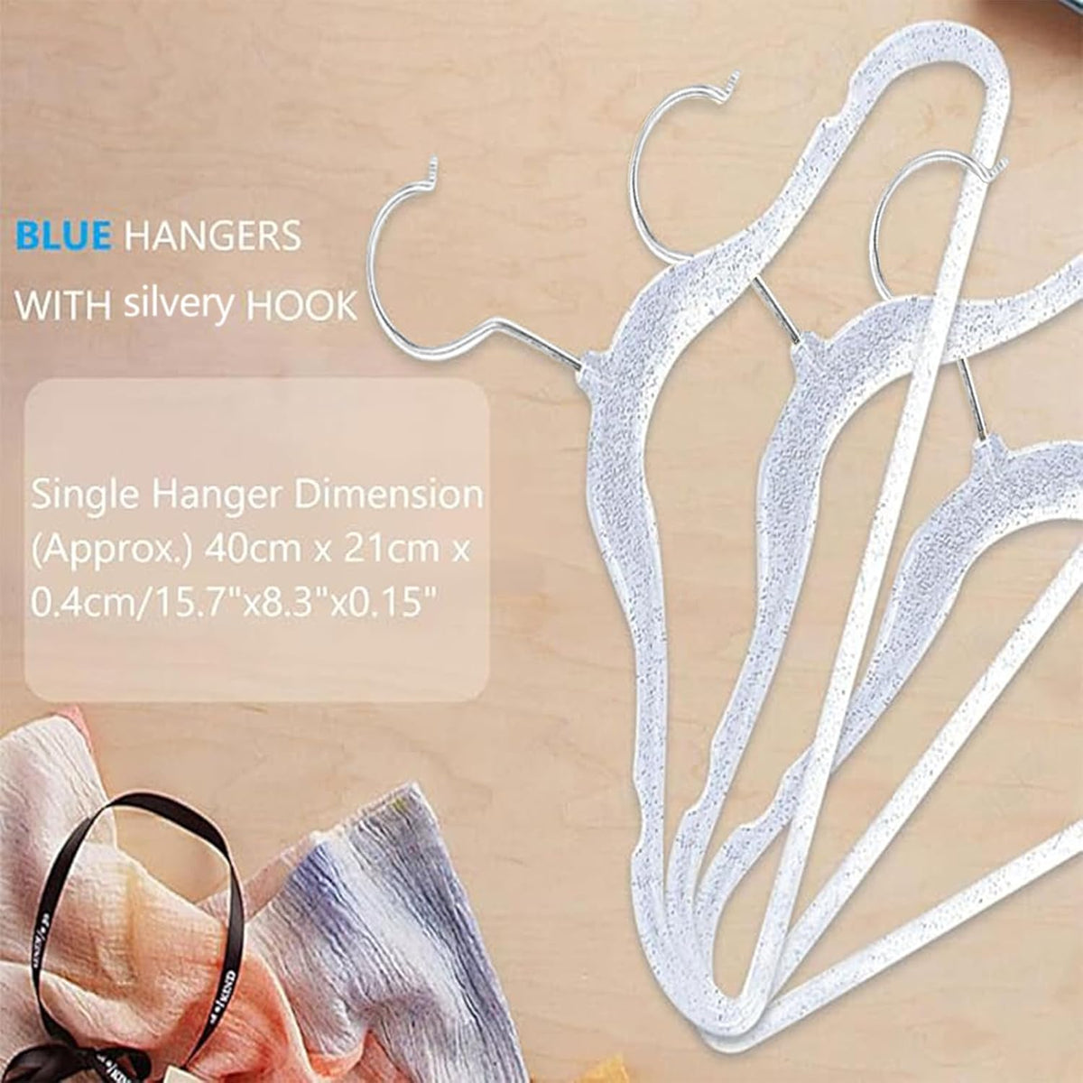 Blue Clothes Hangers 16", 20 Pack Plastic Clear Coat Hanger for Adult Closet, Durable Bling Ganchos de Ropa with Swivel Hook, Notched Shoulders & Ultra-Thin Space Saving Laundry Hanger for Dress Suits