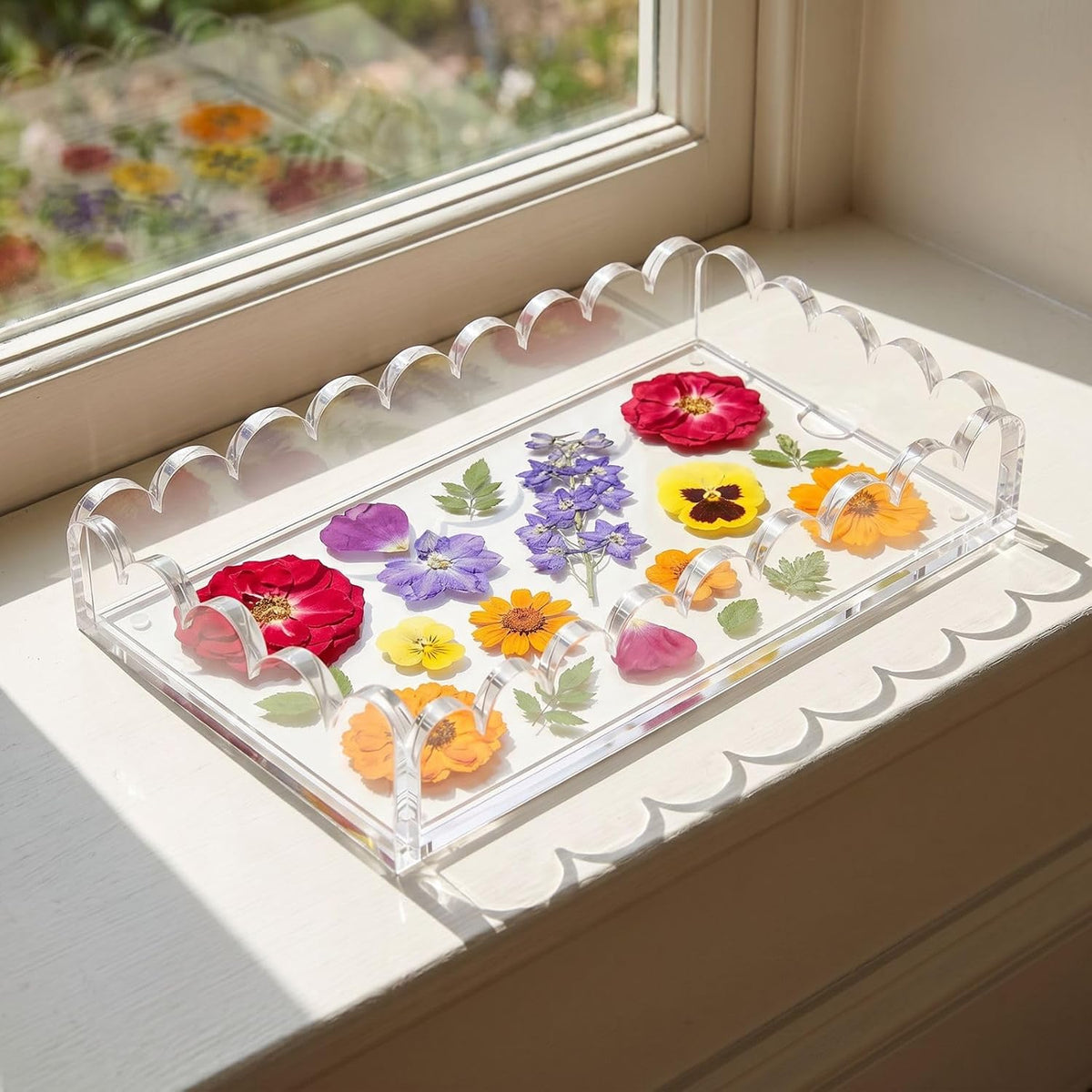 9"x6"x2" Scalloped Acrylic Tray with Magnetic Mat– Interchangeable Display for Photos, Art, Messages – Decorative Vanity Organizer, Serving Tray for Coffee Bar, Kitchen & Elegant Gift