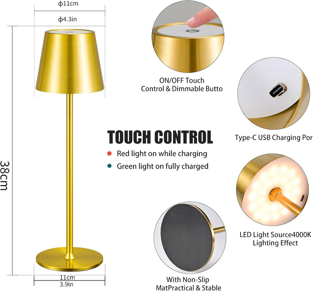 2 Pack Cordless Table Lamp,Portable LED Desk Lamp, 6000mAh Battery Operated, 3 Color Stepless Dimming Up, for Restaurant/Bedroom/Bars/Outdoor Party/Camping/Coffee Shop Night Light(Gold)