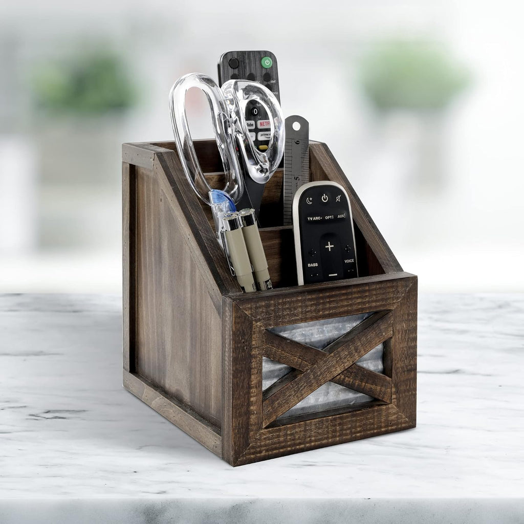 Autumn Alley Rustic Remote Holder - Farmhouse Desk Organizer, Barn Door Remote Holder, Desktop Organizer - 3-Slot Multiple Compartment Remote Control Storage Caddy, Rustic Home Decor, Brown