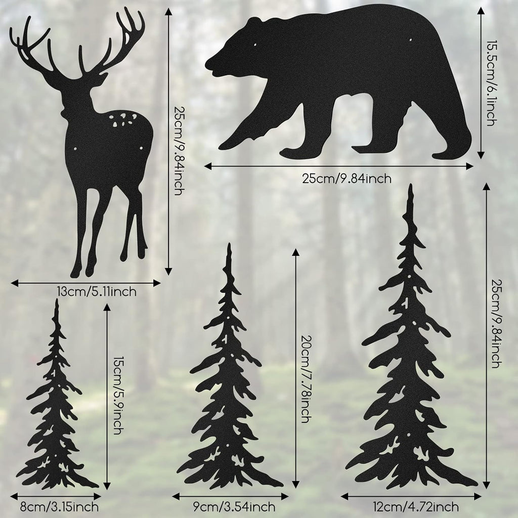 Moxweyeni 6 Pcs Metal Pine Tree Wall Art, Deer Bear Decor, Black