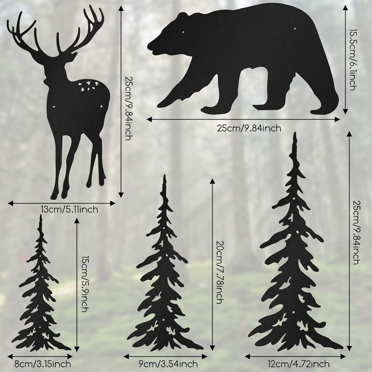 Moxweyeni 6 Pcs Metal Pine Tree Wall Art, Deer Bear Decor, Black