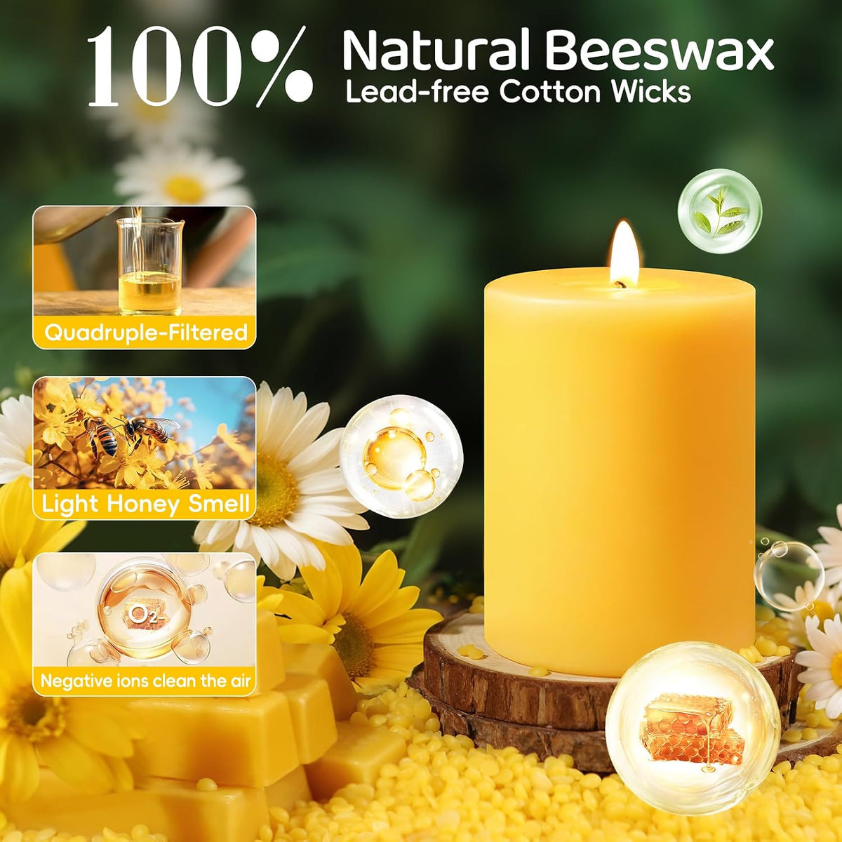 Pure Beeswax Candles,3 Pack Unscented Pillar Candles,213 Hours Long Burning Clean Burning, Smokeless Dripless Bees Wax Candle for Home,Prayer,Emergency,Dinner Table (3x3,3x4,3x6in)