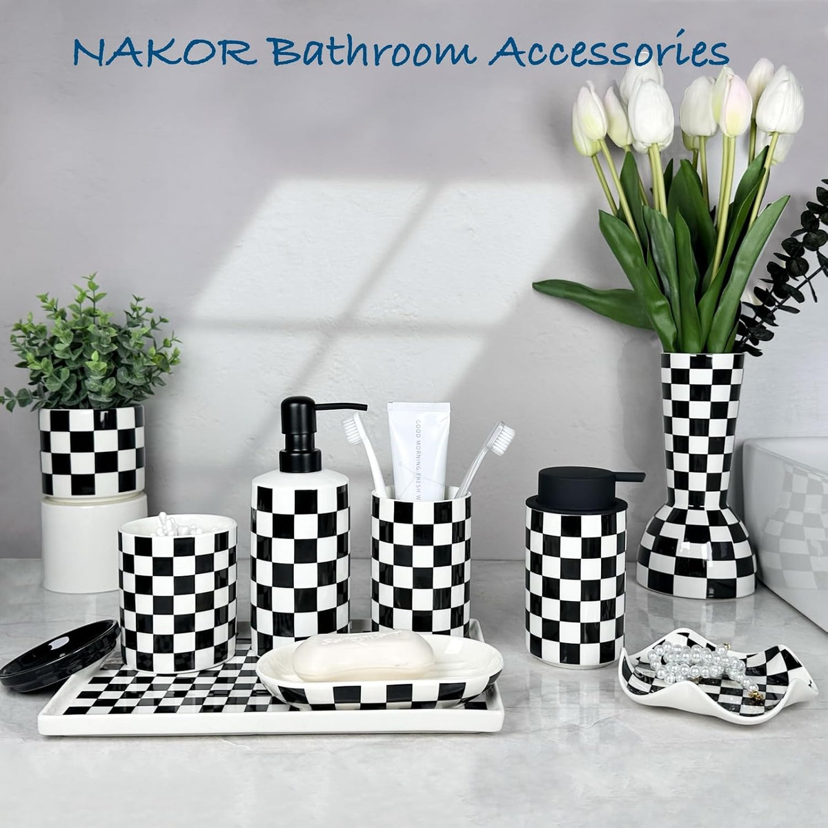 Foaming Soap Dispenser, Foam Hand Soap Dispenser for Bathroom Countertop, Modern Black and White Foamy Hand Soap Refills Bottle for Kitchen,Bathroom-Checkered Bathroom Decor