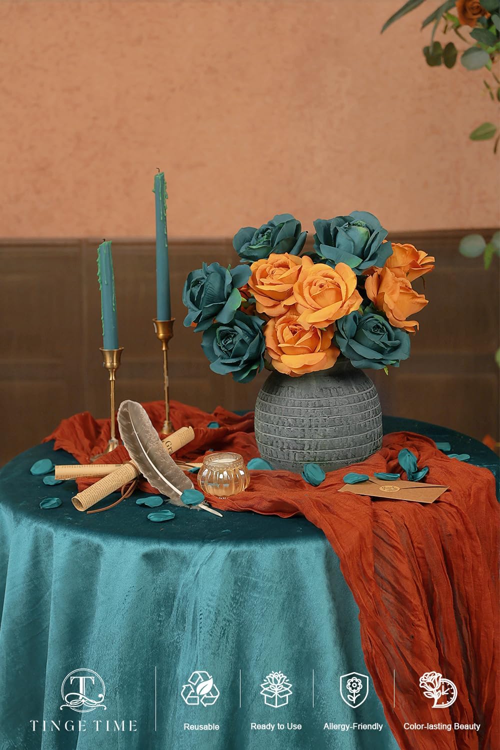 TINGE TIME Artificial Flowers Fall Flowers Combo Box Set, 16PCS Fake Rose Silk Flower w/Stem for DIY Wedding Bouquets Centerpieces Baby Shower Party Home Spring Decoration (Burnt Orange & Dark Teal)