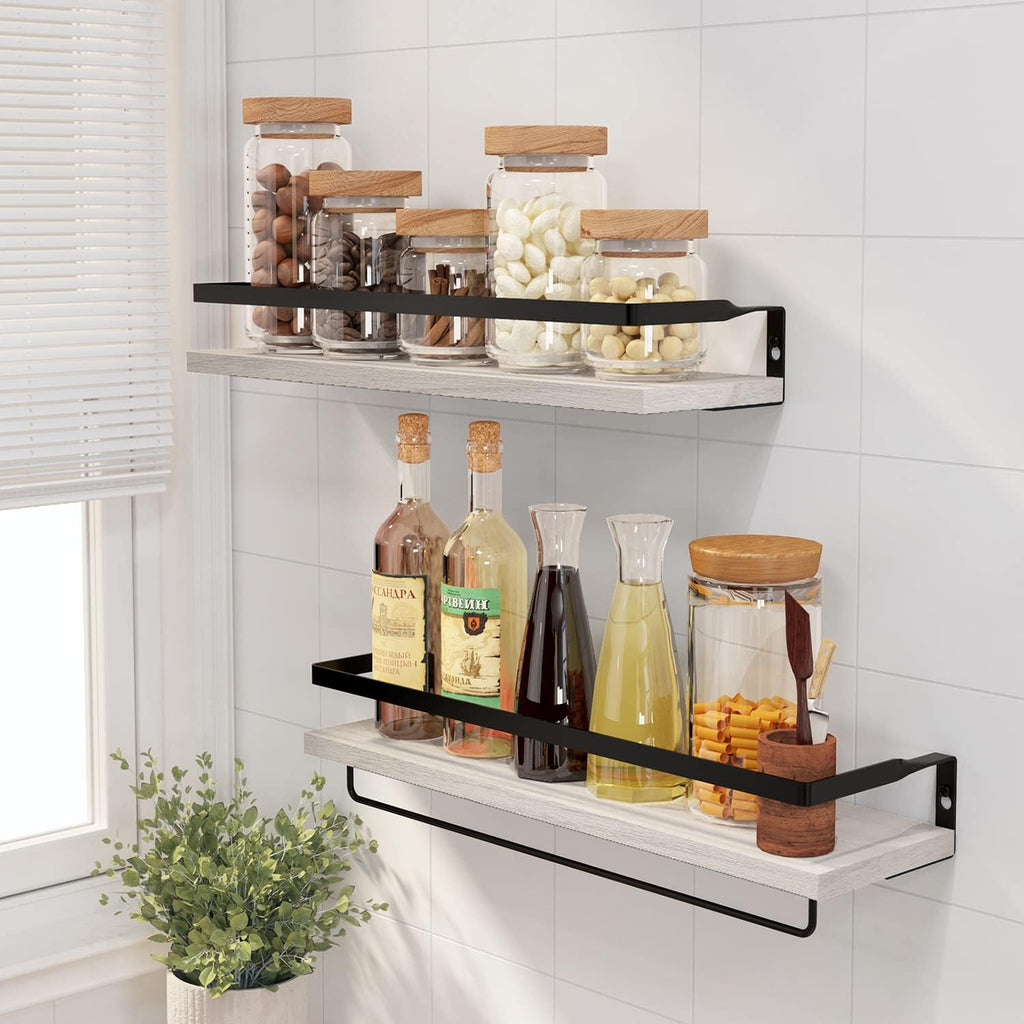 Floating Shelves for Wall, Bathroom Shelves with Towel Bar, Wall Mounted Storage Shelves for Kitchen, Bathroom, Set of 2 White