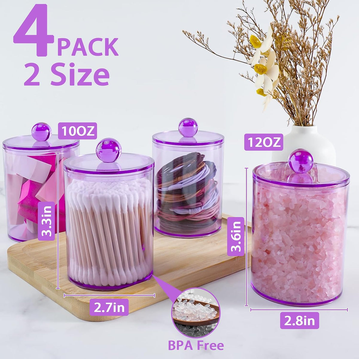 4 Pcs Acrylic Qtip Holder, Cotton Ball Holder Jars with Lids, Purple