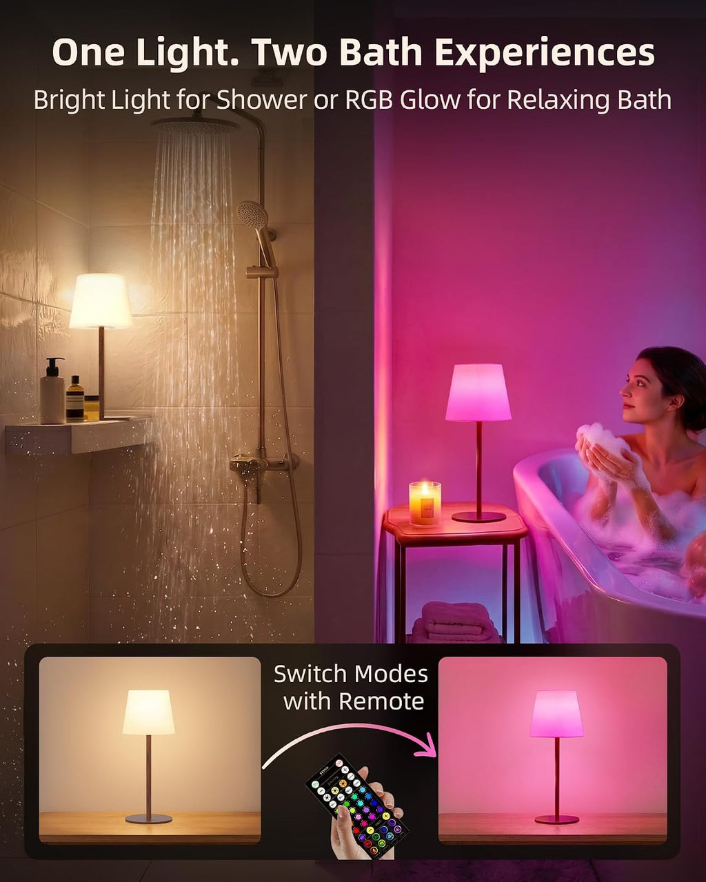 EZVALO RGB Shower Lamp, Waterproof Rechargeable Shower Light with Remote