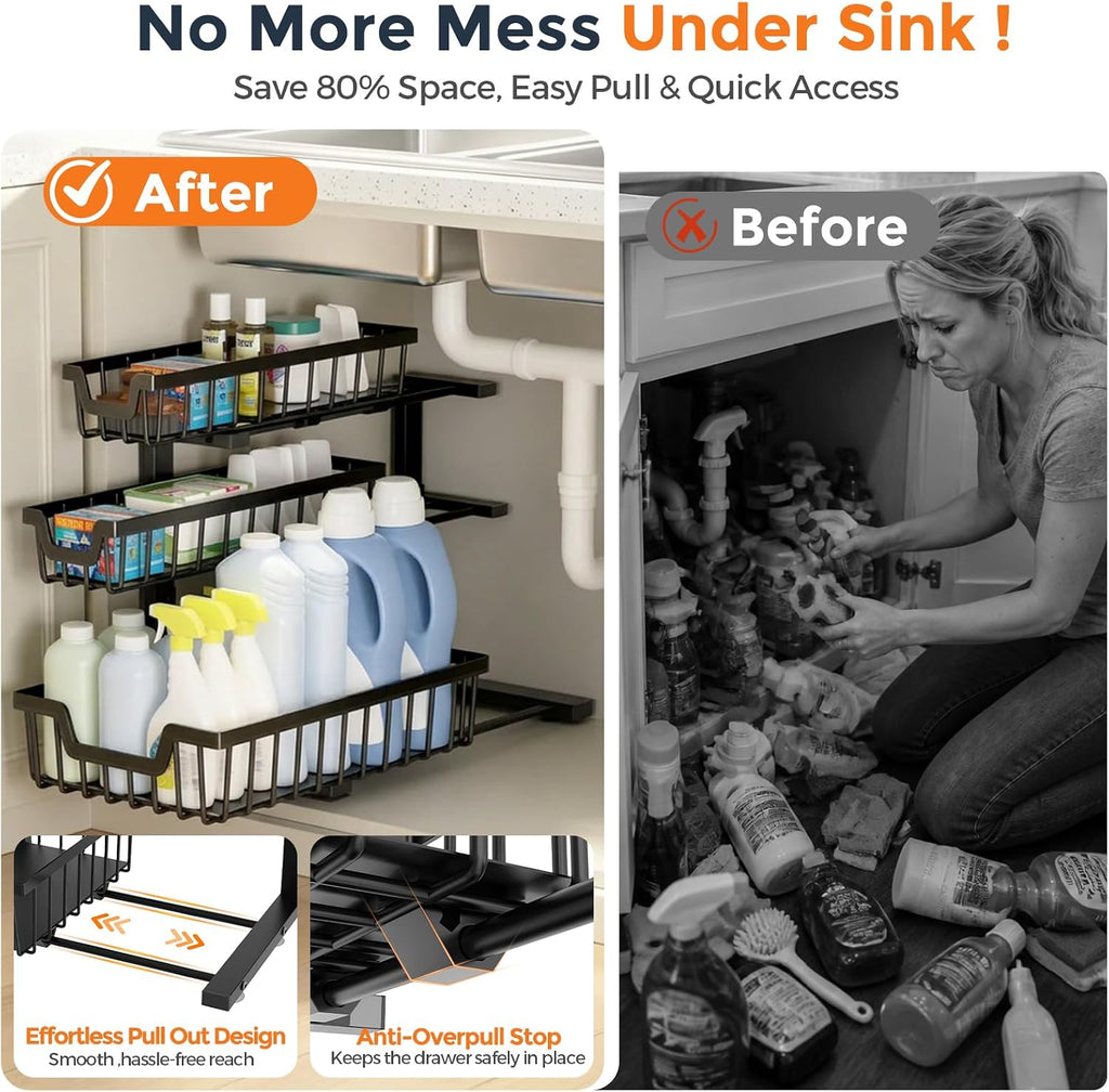 Under Sink Organizer, 2-Pack 3-Tier Height Adjustable Thickened Metal Pull out Cabinet Organizer Shelf, Slide out Storage Drawer Rack for Bathroom Kitchen Pantry Home Laundry Organization (Black)