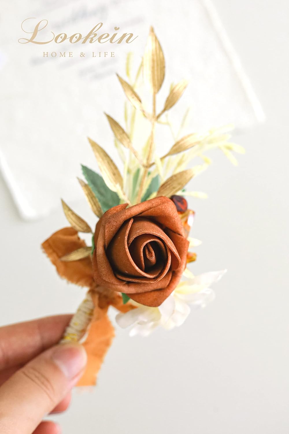 Lookein Set of 2 Terracotta Wedding Boutonniere for Men Artificial Flowers Wedding Groom Groomsmen Boutonniere for Wedding Ceremony Anniversary Formal Dinner Party