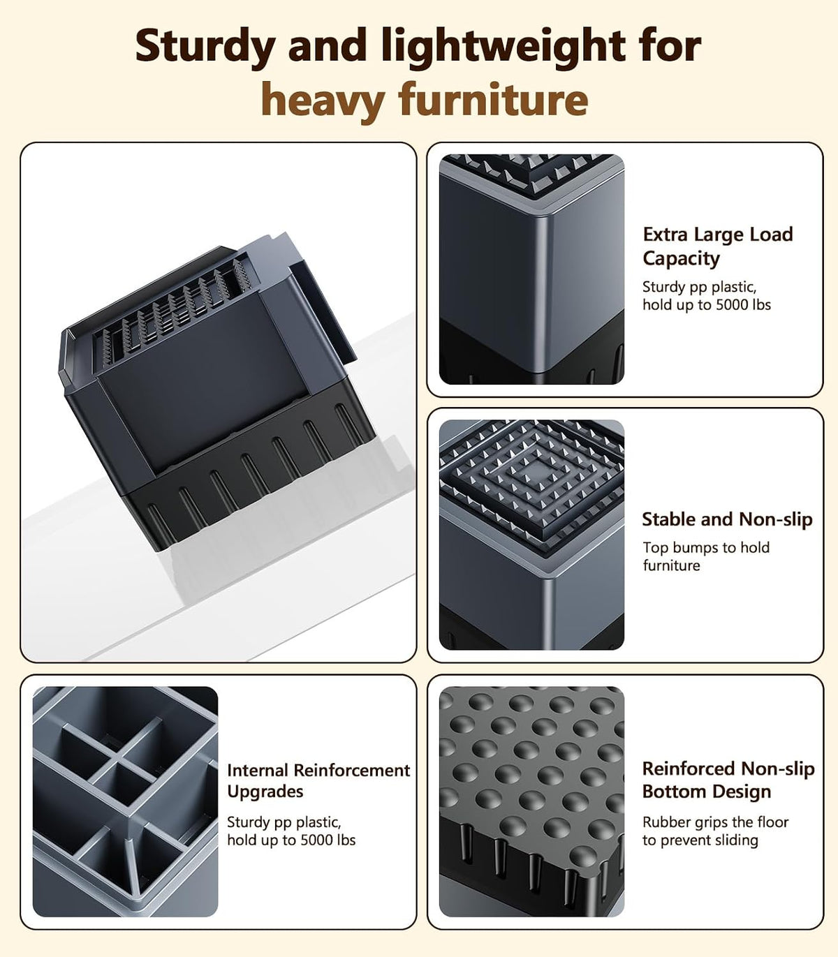 Bed Risers & Furniture Risers Heavy Duty 1000lbs, 4-Pack（Gray）