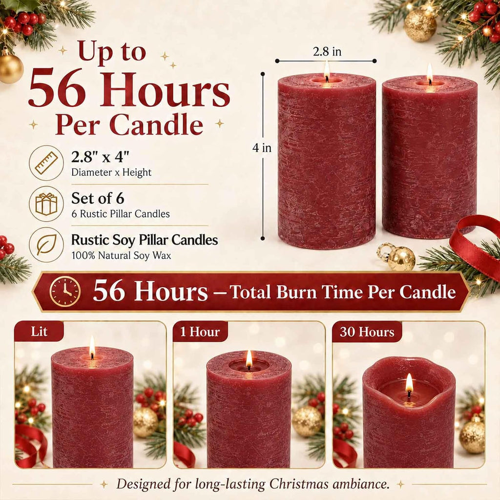 Red Pillar Candles 6 Pack, 2.8 x 4 Inch Unscented Soy Wax Candles