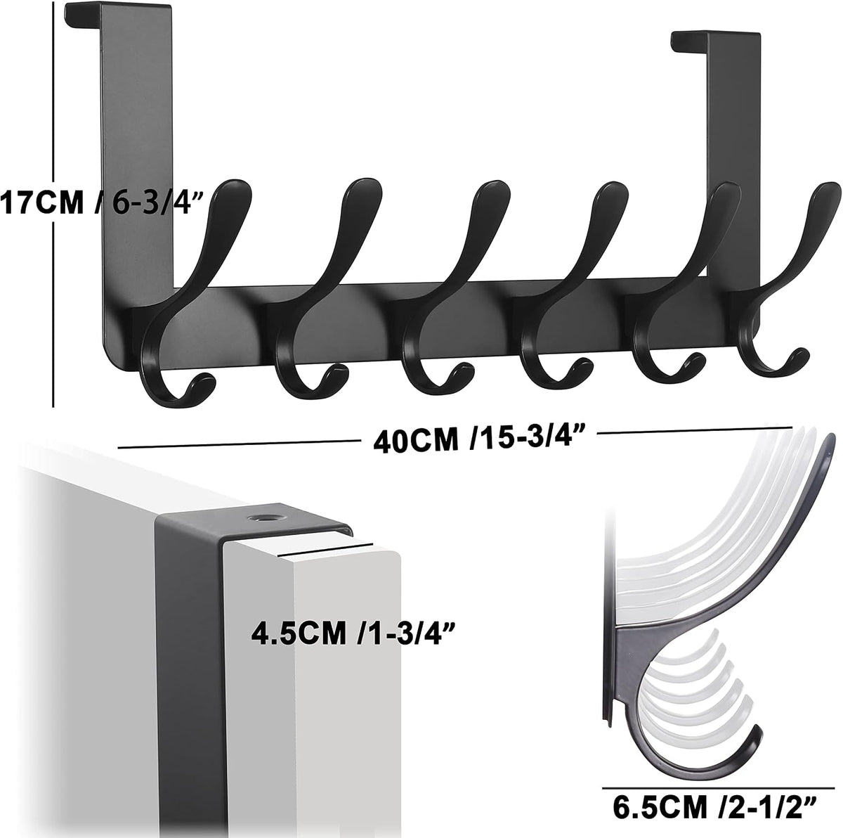SKOLOO Over The Door Hooks - for Doors up to 4.5cm Thick, No Assembly Required, Stainless Steel Door Hanger with 6 Hooks, Over The Door Hanger for Coats Clothes Hat Towel Jacket, Black