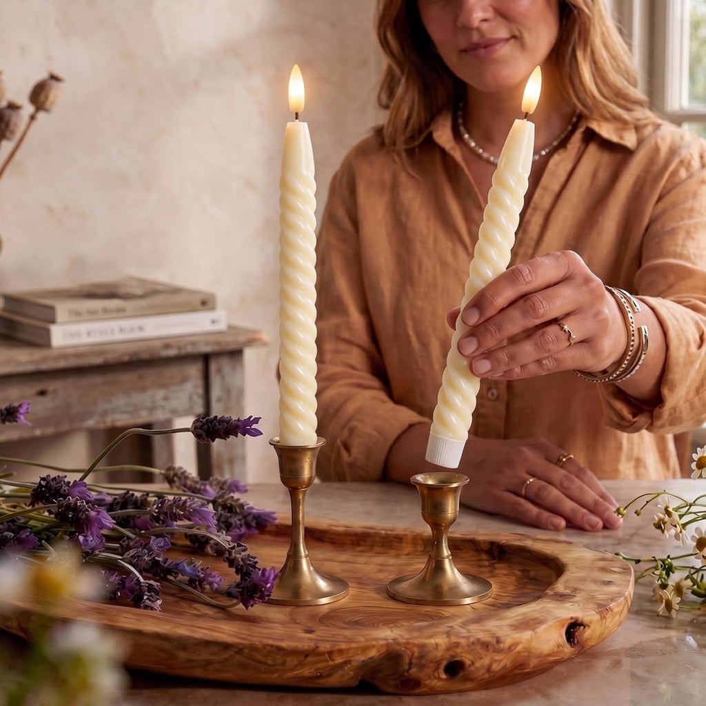 Ivory Flameless Taper Candles Flickering with Remote Timer