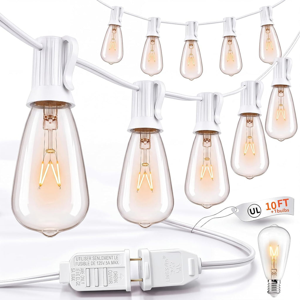 Abeja 10FT ST38 Outdoor Edison String Lights, White Wire Patio Lights with 11 Clear Vintage Bulbs (1 Spare), 7W E12/C7 Base, UL Listed Connectable Hanging Lights for Porch Backyard Wedding