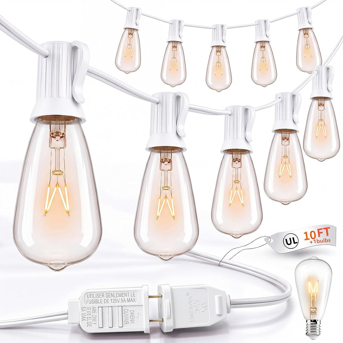 Abeja 10FT ST38 Outdoor Edison String Lights, White Wire Patio Lights with 11 Clear Vintage Bulbs (1 Spare), 7W E12/C7 Base, UL Listed Connectable Hanging Lights for Porch Backyard Wedding