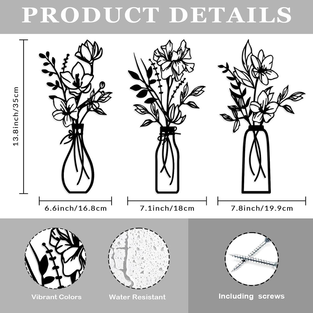 ARTINME 3 Pieces Metal Flowers Wall Arts - Rustic Farmhouse Decor Minimalist Flower Wall Decors for Living room Bathroom Kitchen Bedroom Dining Room - Housewarming Gifts (Black)
