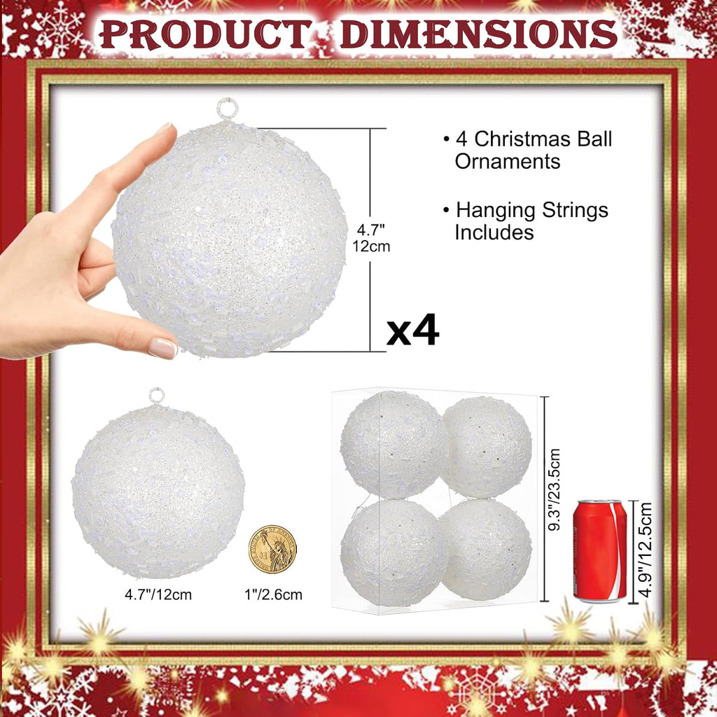 4Pcs 4.7" Large White Christmas Balls Ornaments for Christmas Trees