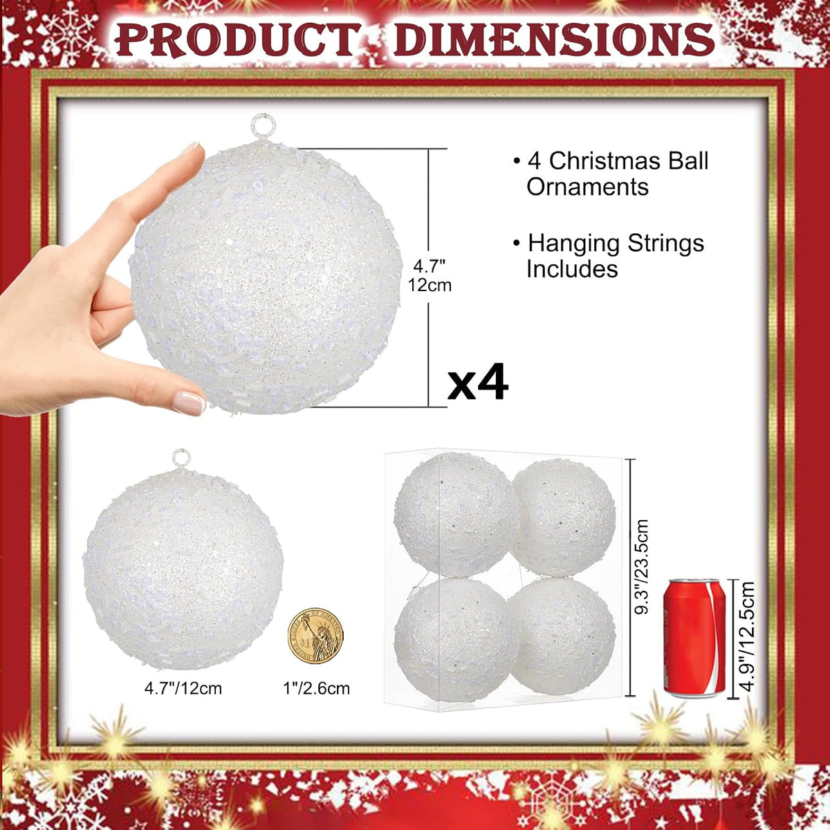 4Pcs 4.7" Large White Christmas Balls Ornaments for Christmas Trees