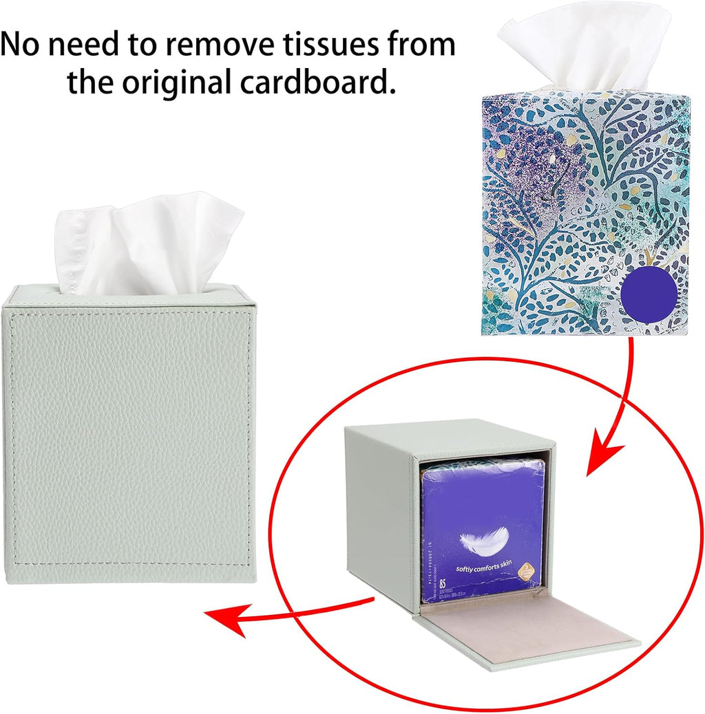 Sumnacon Tissue Box Cover Square,Magnetic Bottom PU Tissue Box Holder,Green