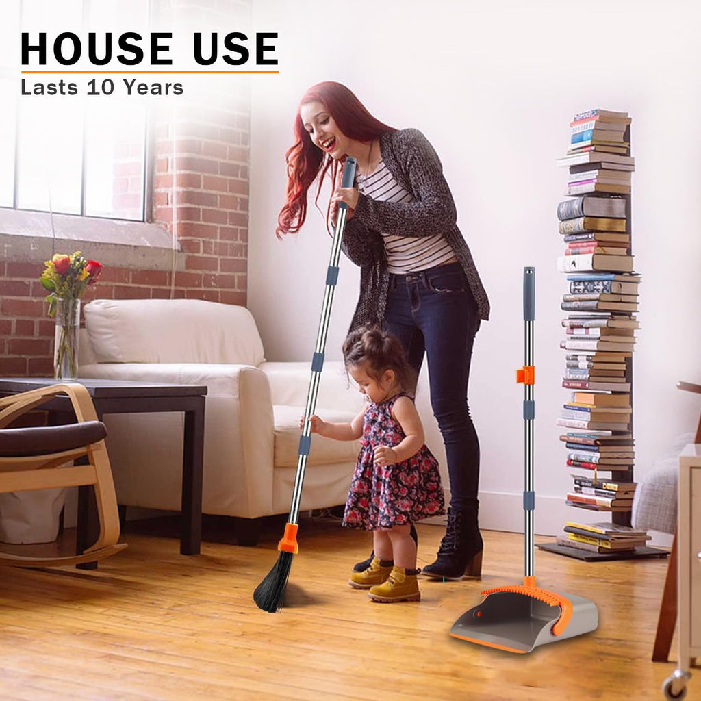2 Pack is More economical,Upgraded Broom and Dustpan,with 52" Long Handle, Dustpan Teeth with self-Cleaning Function, Indoor and Outdoor Sweeping, Perfect for Home Office (Large Size/Orange /2-Pack)
