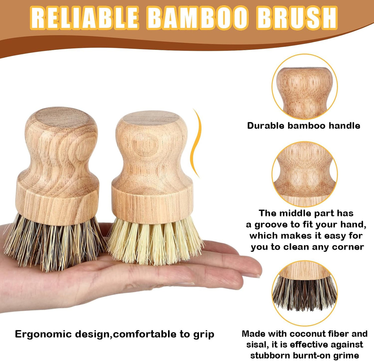 Nuenen 6 Packs Bamboo Dish Scrub Brush, Sisal and Coconut Palm