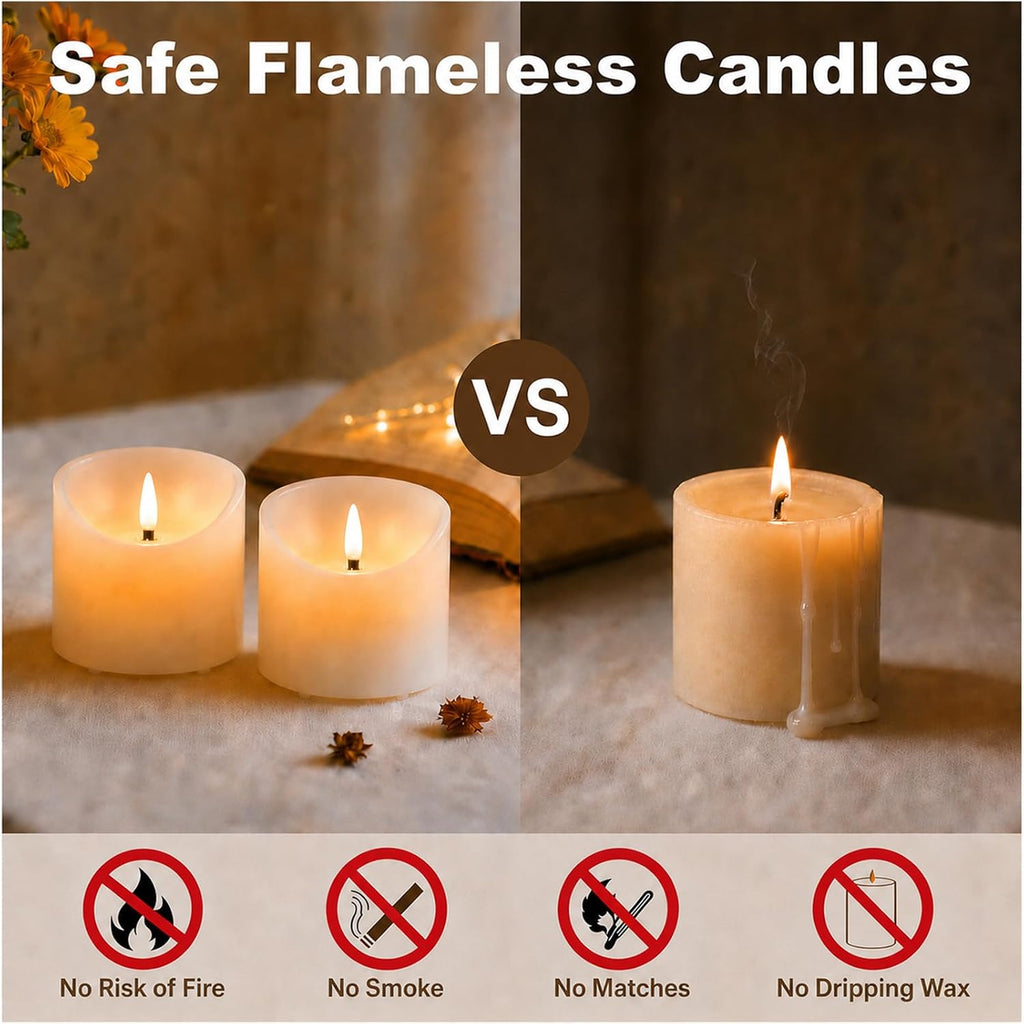 Flickering Flameless Candles, Real Wax Battery Operated Candles with Remote and Timer, 3"x 3" LED Fake Candles, Last 600+ Hours, Electric Battery Candles for Home Wedding Party Decor, 2 Pack