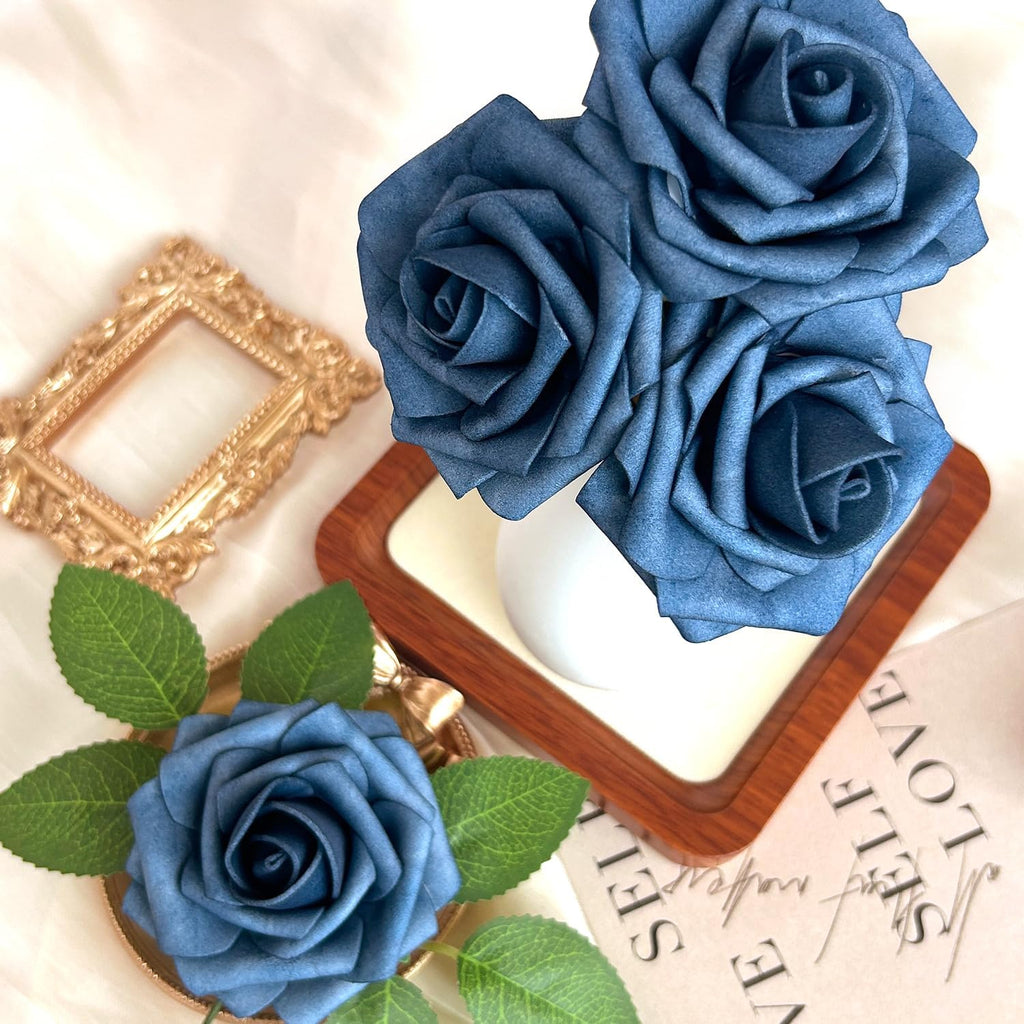 25pcs Dusty Blue Shades Foam Fake Rose with Stems 8 Leaves Real Looking Artificial Flowers Faux Navy Blue Roses for Wedding Bouquets Bridal Shower Centerpieces Arrangements Party Tables Decorations