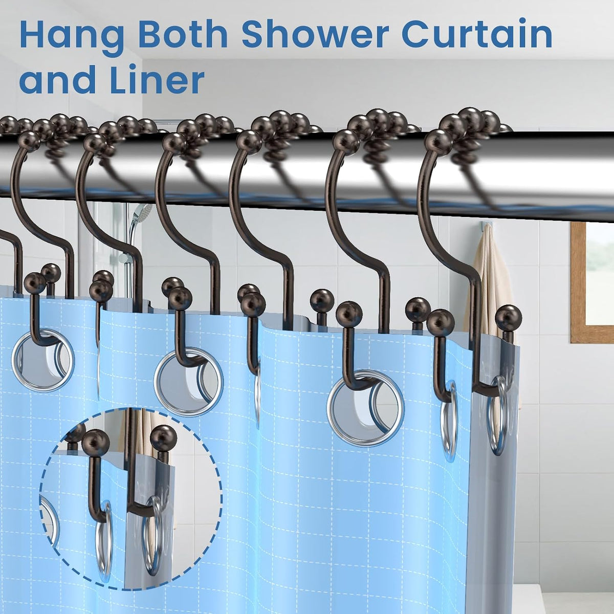 Bronze Shower Curtain Hooks Double Sided with Roller Balls
