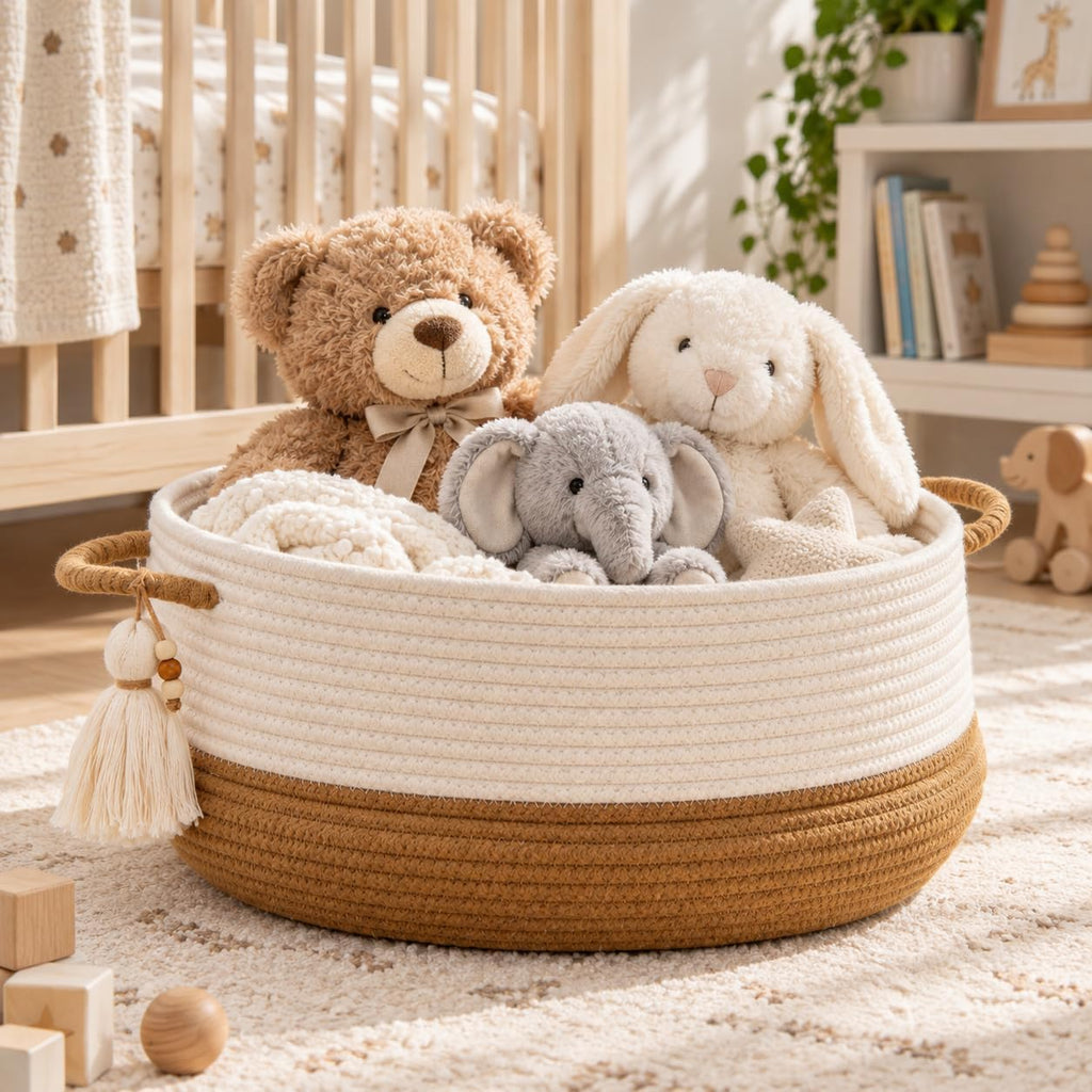 KAKAMAY Woven Baskets for Storage(16"x8"),Blanket Basket for Organizing Living Room,Cotton Rope Basket Woven Baby Laundry Hamper,Collapsible Laundry Room Organization,Clothes,Toy Chest(Brown)