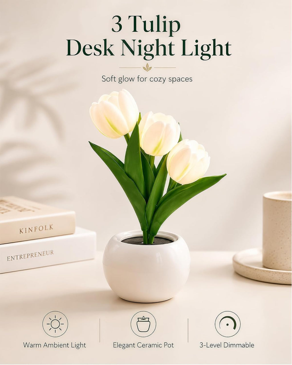 Tulip Flower Lamp LED Desk Night Light with Vase (White)