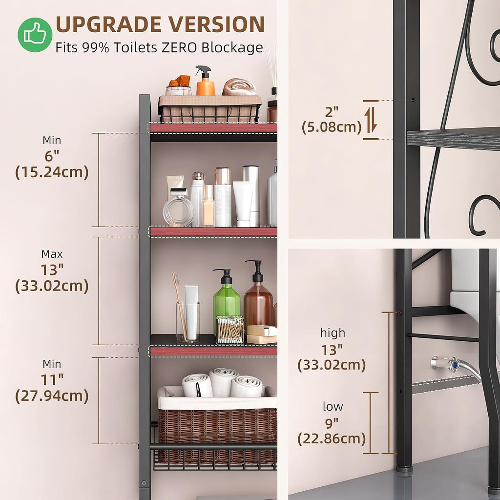 Over-The-Toilet Storage Rack 4-Tier,Bathroom Organizer Shelf Over Toilet,Adjustable Wooden Shelves and Basket,Freestanding Above Toilet Shelf,Space Saver for Rooms(Black Rack-Black Shelves)