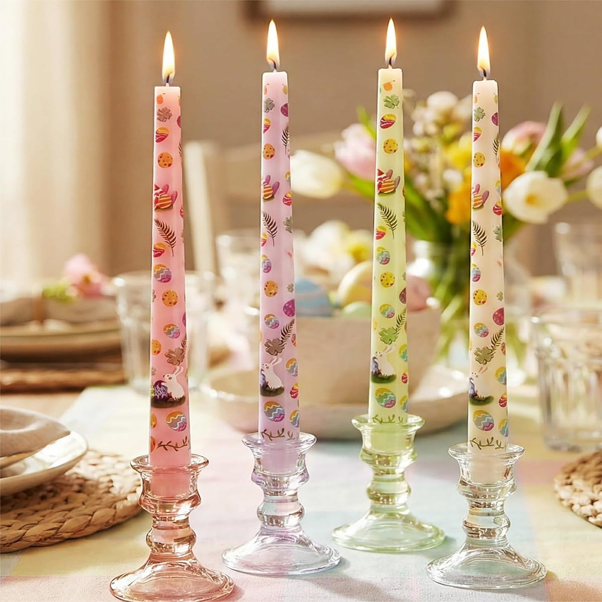 4 Pack Easter Printed Taper Candles, 10 Inch Tall Tapered Candles with Bunny & Egg Designs for Easter Dinner Table Home Party Decor