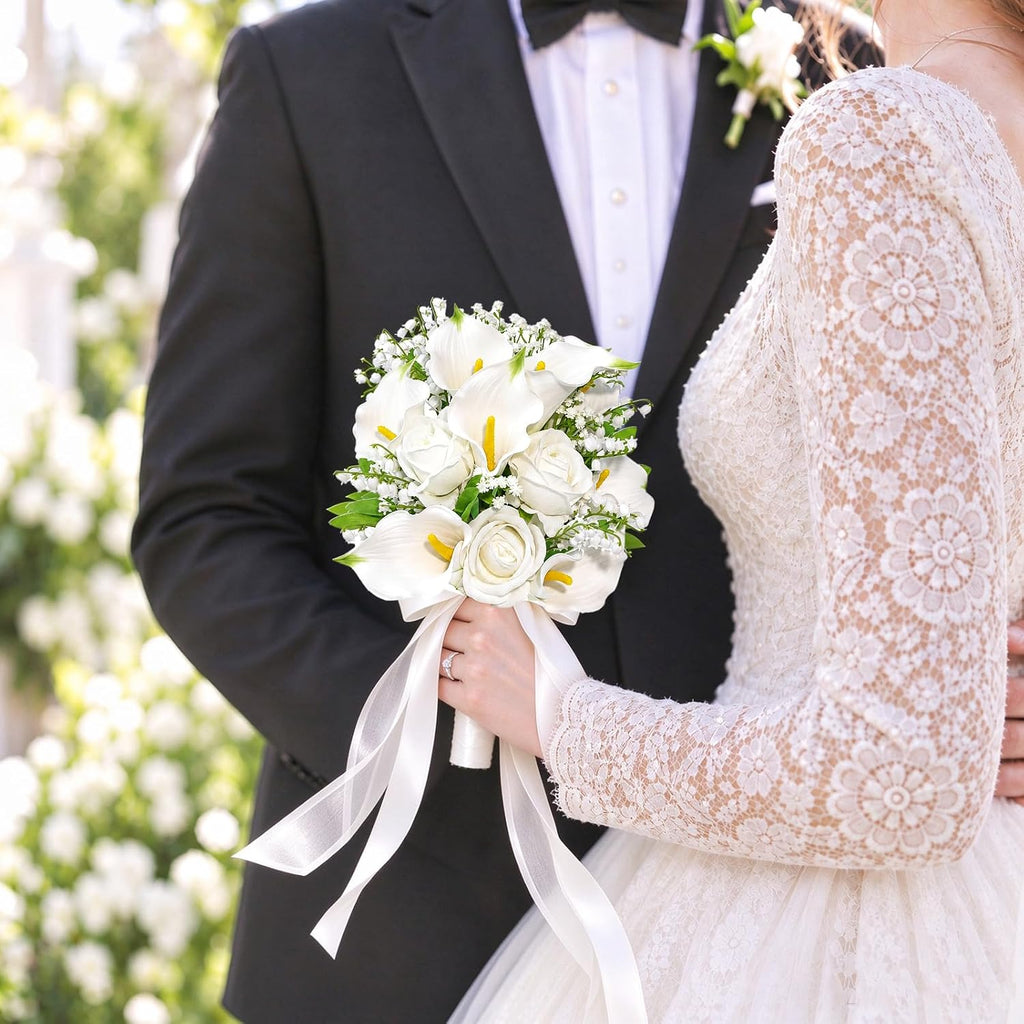 Wedding Bouquets for Bride Bridesmaid 13.8 Inch Ivory White Calla Lilies Artificial Roses Flowers Bridal Bouquets for Bride Wedding Marriage Proposal Party Church Decoration