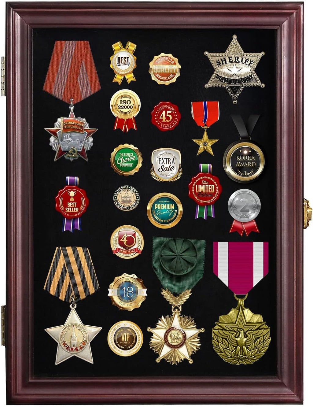 Pin Display Case 11x15, Lockable Shadow Box for Medals, Red Finish