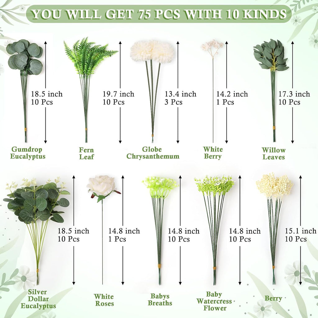 MAPVOLUT 75 Pcs 10 Kinds of Artificial Eucalyptus Greenery Stems Set, With Fake Flowers, Faux Greenery Leaves For Wedding Centerpiece Table Decorations, Bride Bouquets Vase Floral garland Wreath Decor