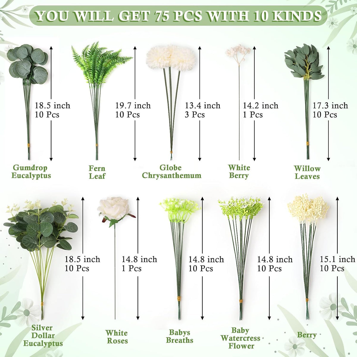 MAPVOLUT 75 Pcs 10 Kinds of Artificial Eucalyptus Greenery Stems Set, With Fake Flowers, Faux Greenery Leaves For Wedding Centerpiece Table Decorations, Bride Bouquets Vase Floral garland Wreath Decor