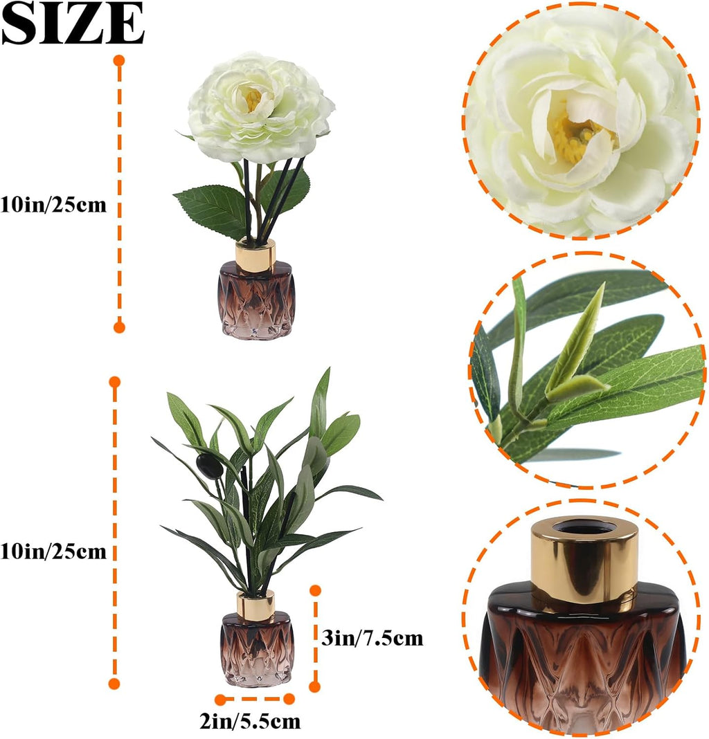 2Pcs Empty Reed Diffuser Glass Bottle Set with Artificial Plant Decor