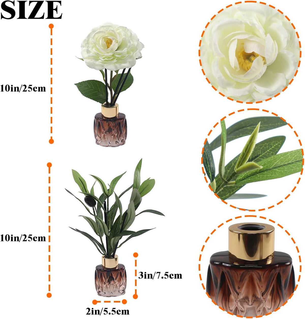 2Pcs Empty Reed Diffuser Glass Bottle Set with Artificial Plant Decor