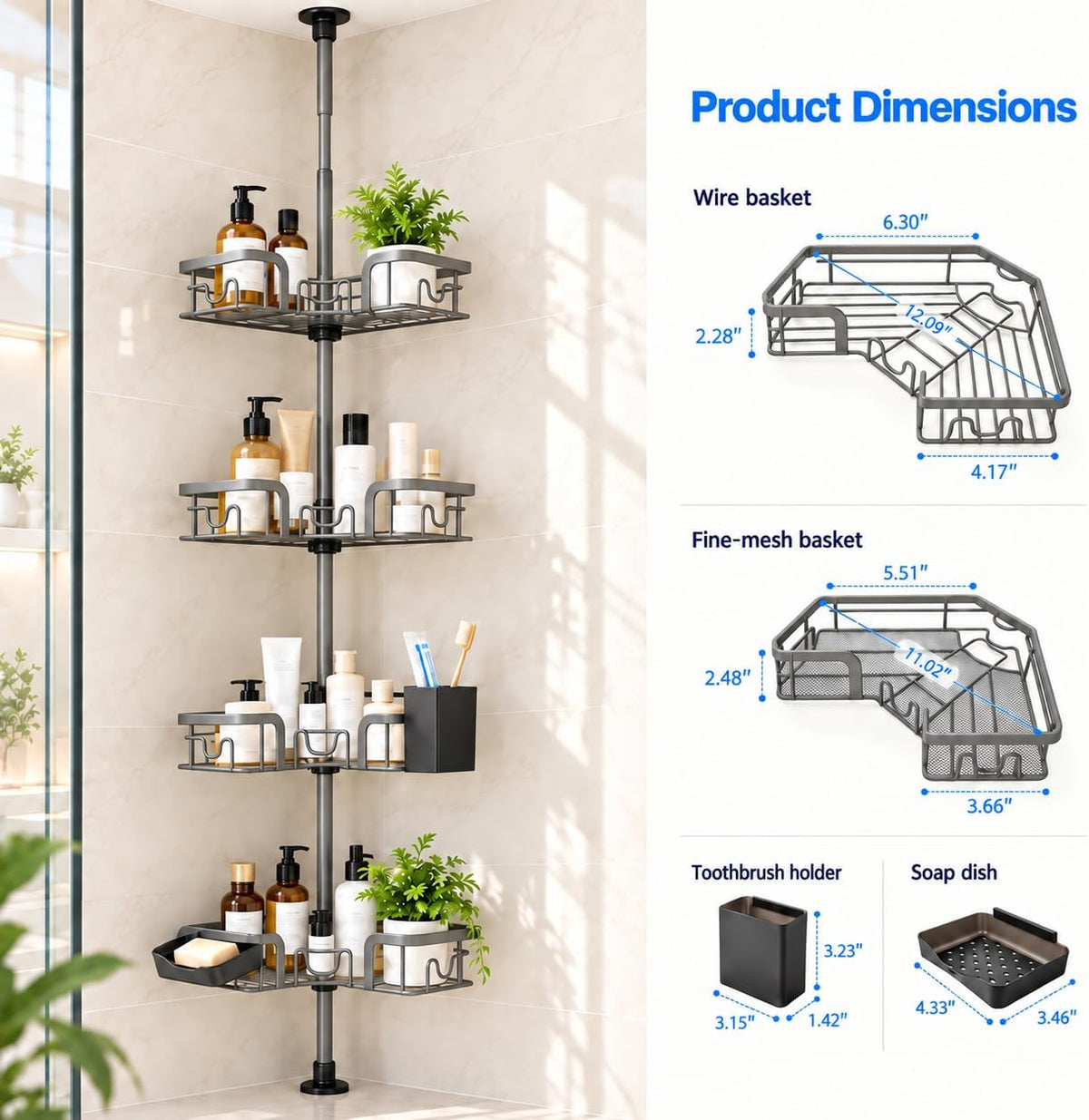 4-Tier Corner Shower Caddy Tension Pole, Floor to Ceiling Shower Corner Shelf Organizer with Soap Hold No-Drill 23.6-114.5 Inch Gray