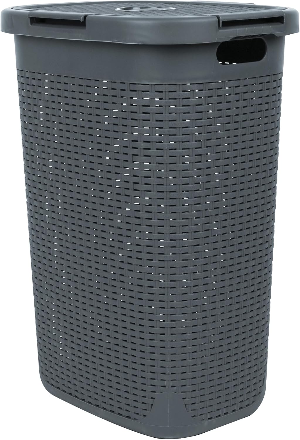 Mind Reader 60L Slim Plastic Hamper with Lid, Wicker Design, Gray