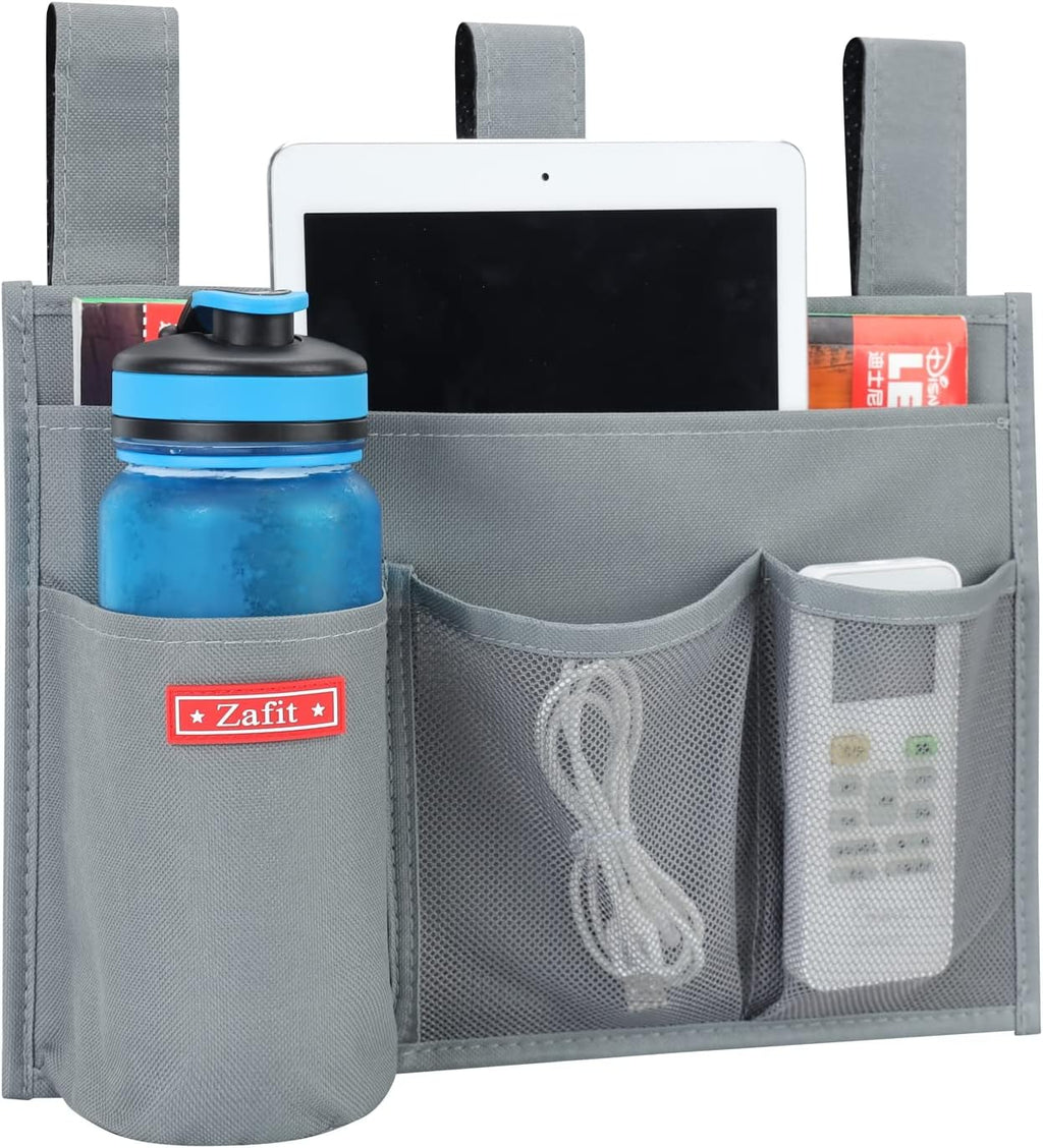 Zafit Hanging Bedside Caddy, Bedside Storage Organizer for Magazine, Phone, Remote control (4 Pockets-Grey)