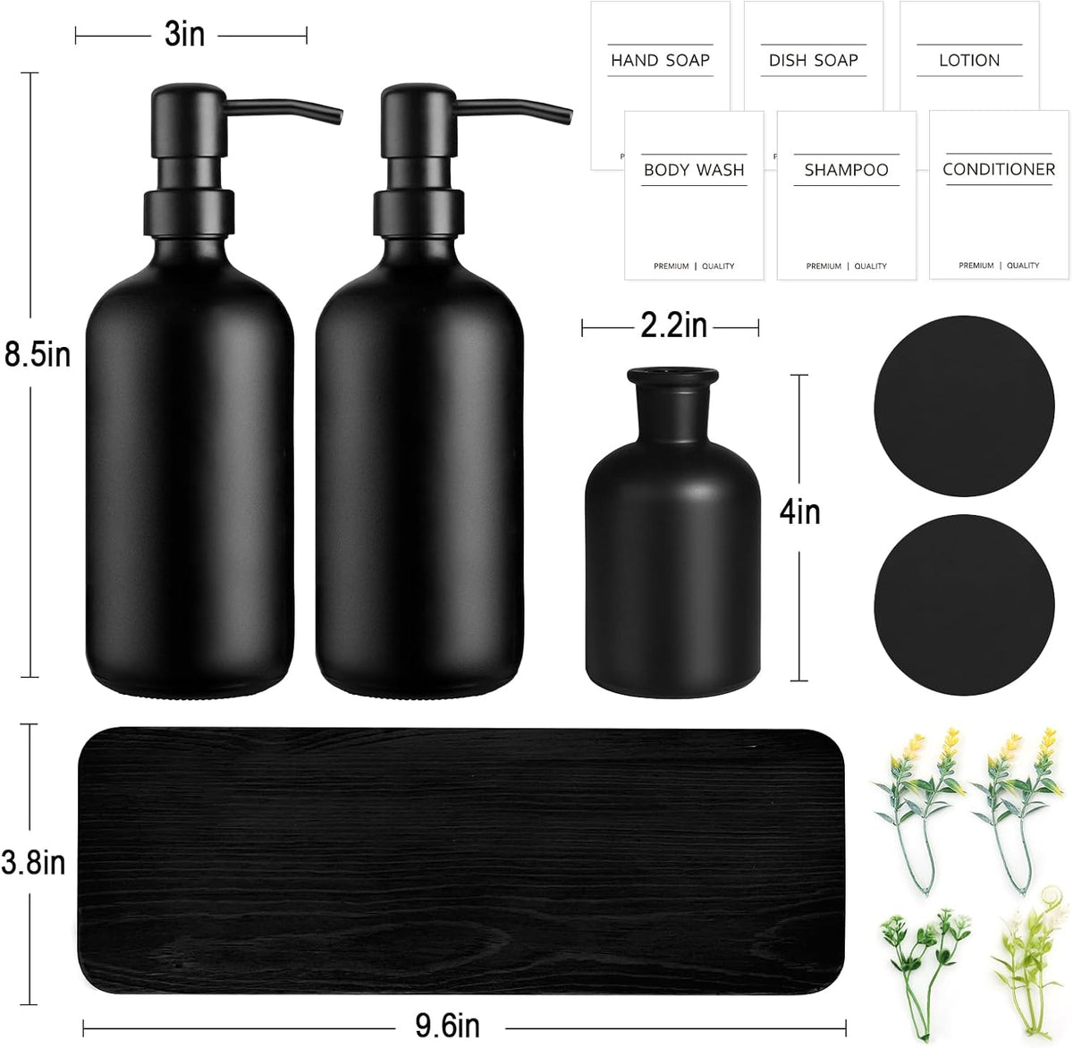 Dish Soap Dispenser for Kitchen, Black Hand Soap Dispenser with Stainless Steel Pump, Kitchen Soap Dispenser Set with Wood Riser Tray, Matte Black Bathroom Soap Dispenser Set Bathroom Decor