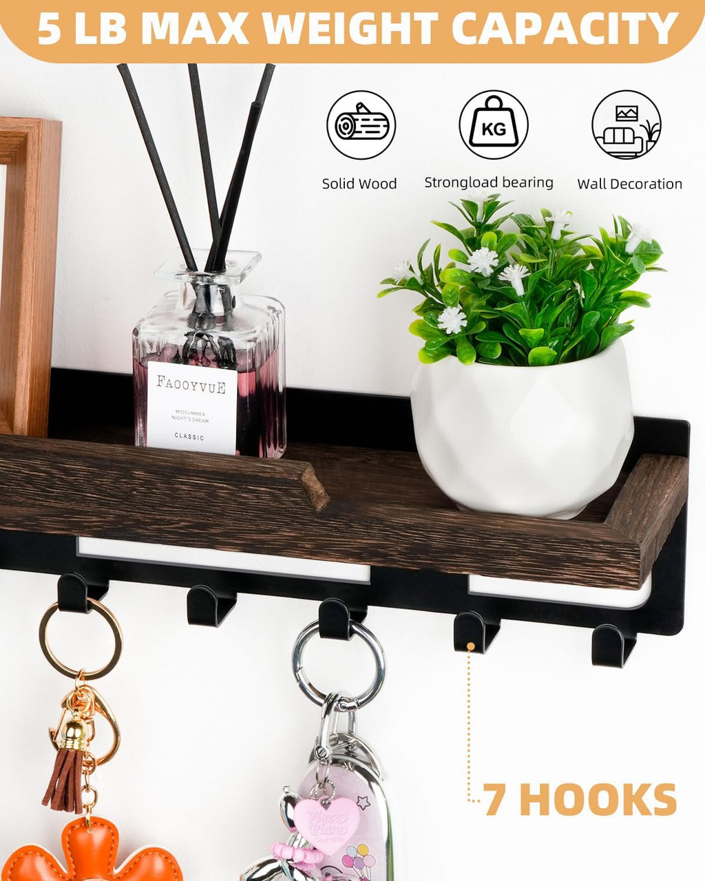 lucdnc Key Holder for Wall Mounted with Tray, 7 Hooks & Wood Shelf