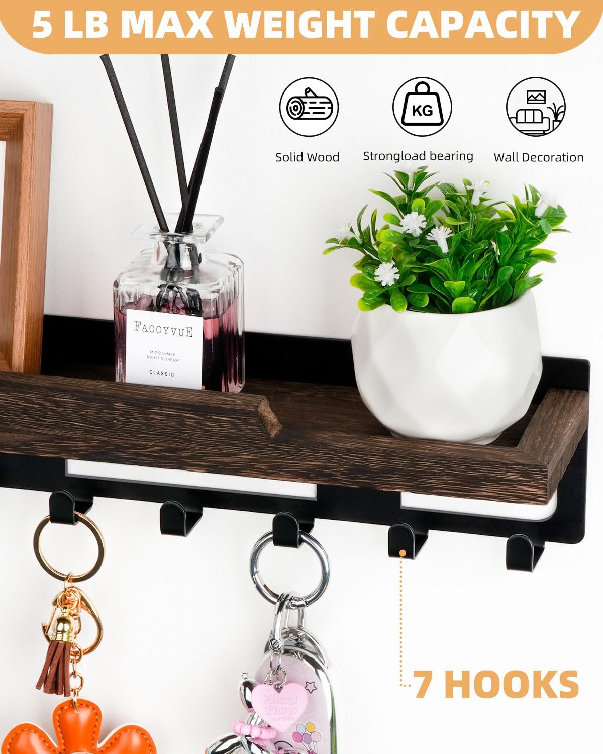 lucdnc Key Holder for Wall Mounted with Tray, 7 Hooks & Wood Shelf