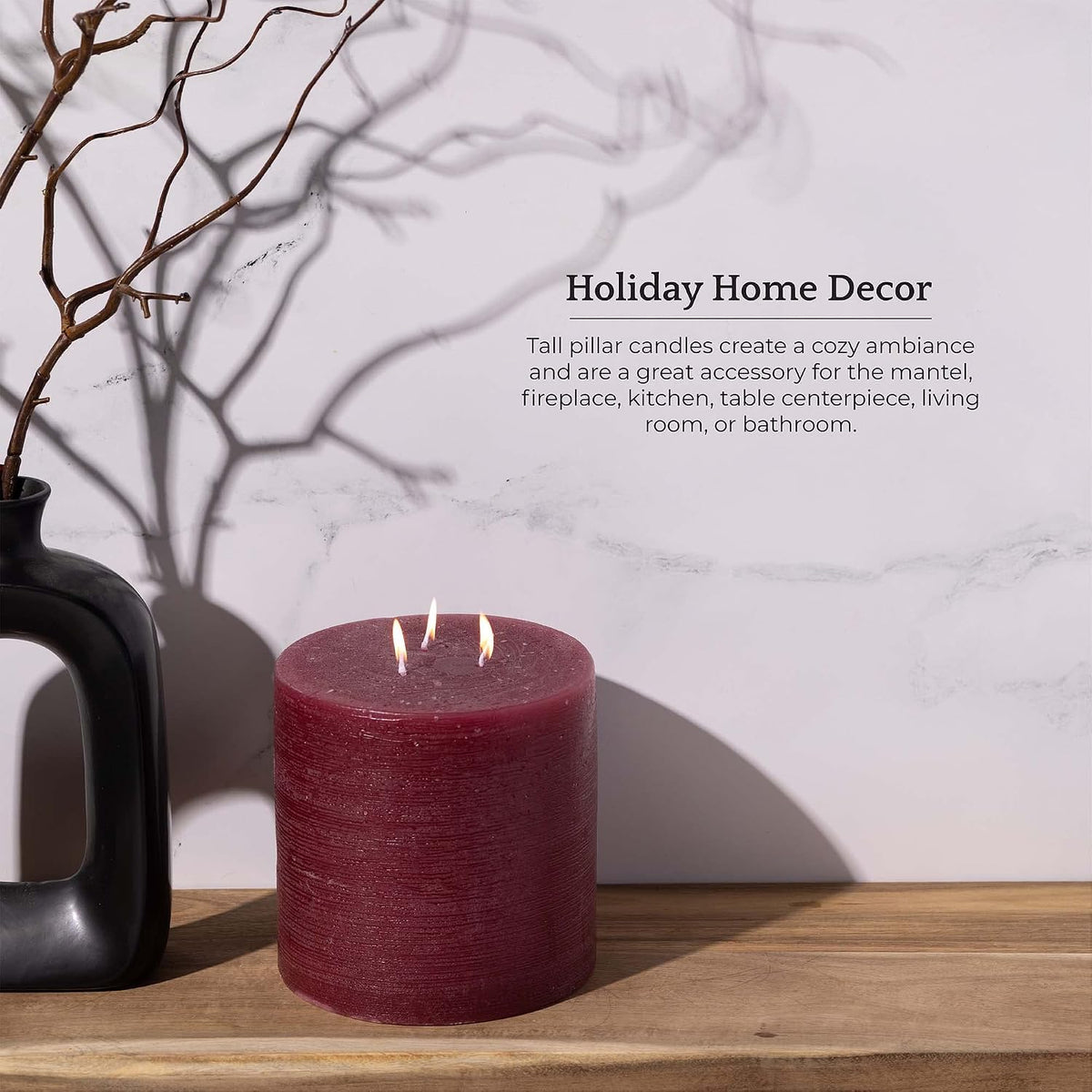 Bask Large Mottled Pillar Candles - Unscented - 6-Inch Diameter for Extra-Wide Holders - 3-Wick Candles for Home and Events - Burgundy