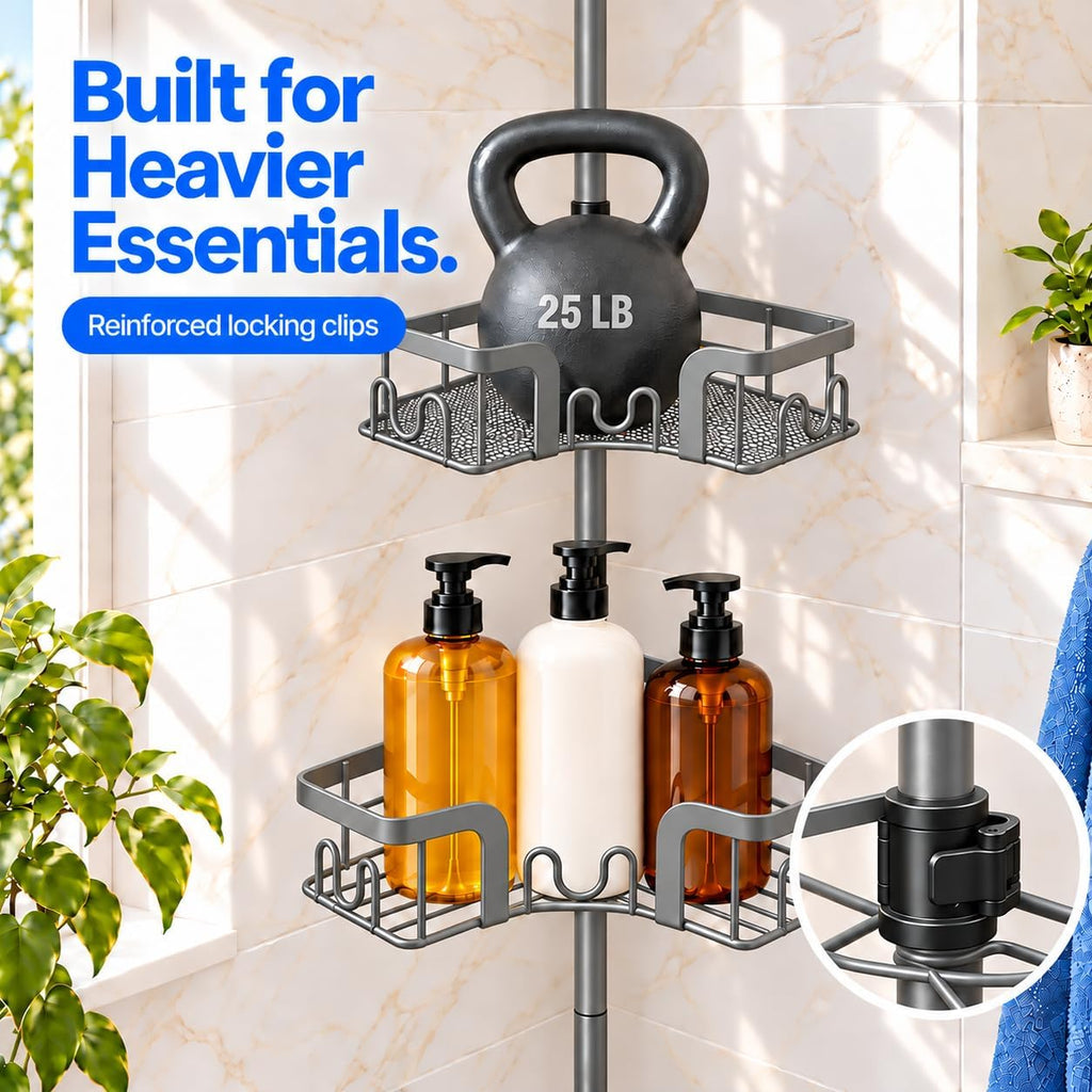 4-Tier Corner Shower Caddy Tension Pole, Floor to Ceiling Shower Corner Shelf Organizer with Soap Hold No-Drill 23.6-114.5 Inch Gray